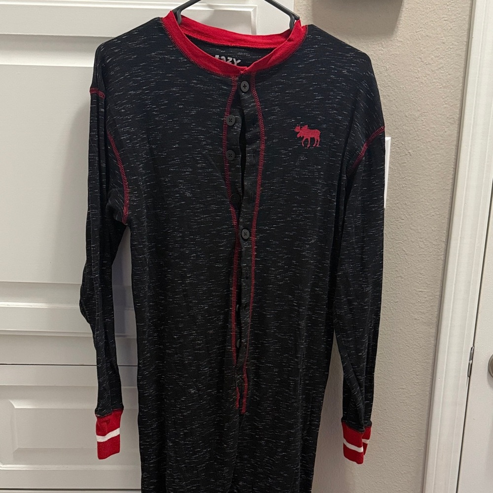 Lazy One Black Henley Onesie with Red Trim and Moose